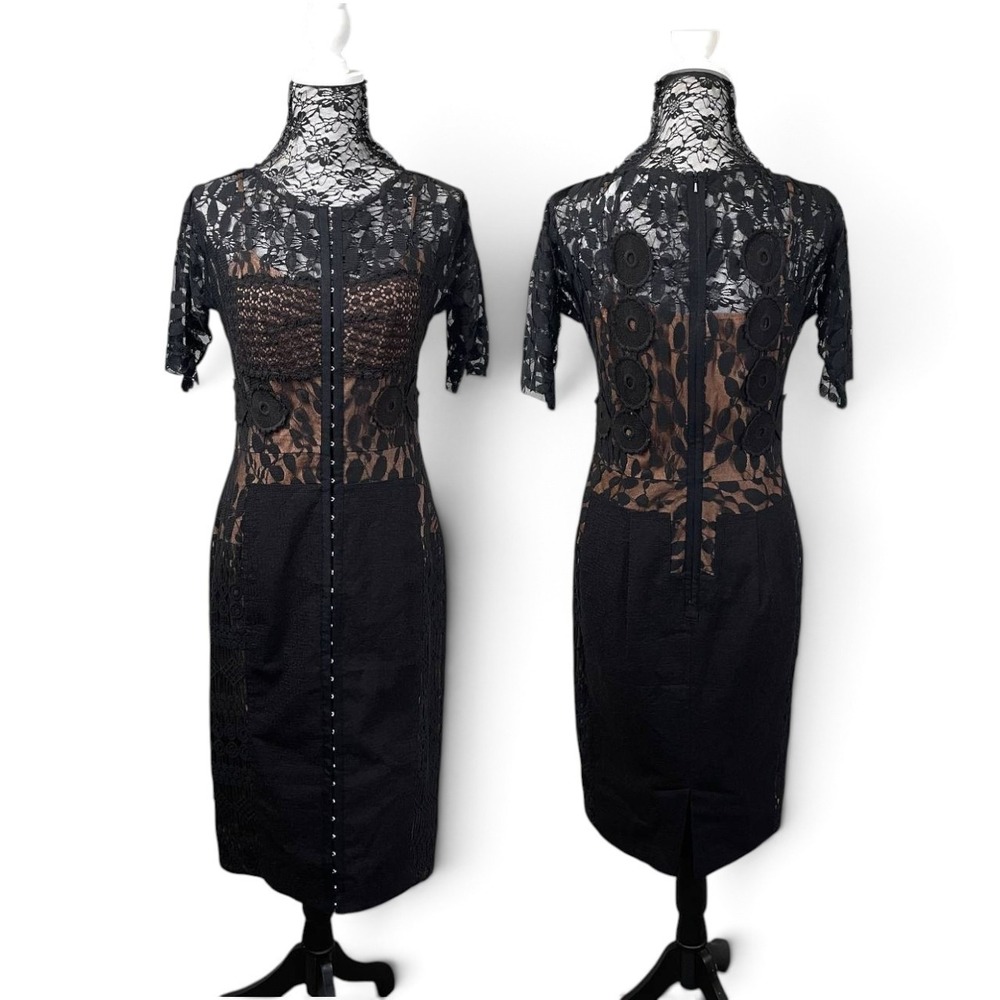 Beguile by Byron Lars Black Lace Illusion Midi Sheath Dress 8 Gothic